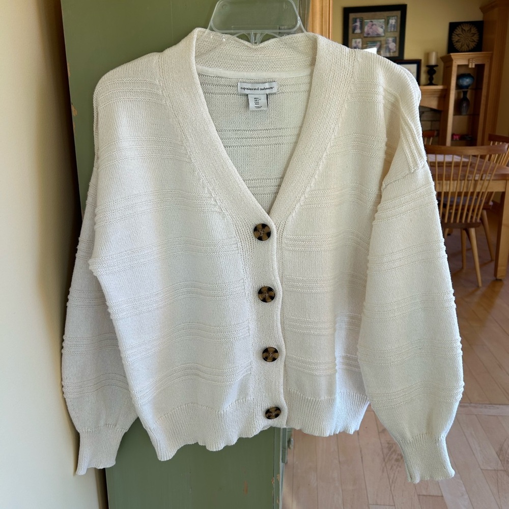 Women's Cupcakes & Cashmere Button Front V-Neck Ivory Cardigan Sweater Sz Large - Picture 9 of 9